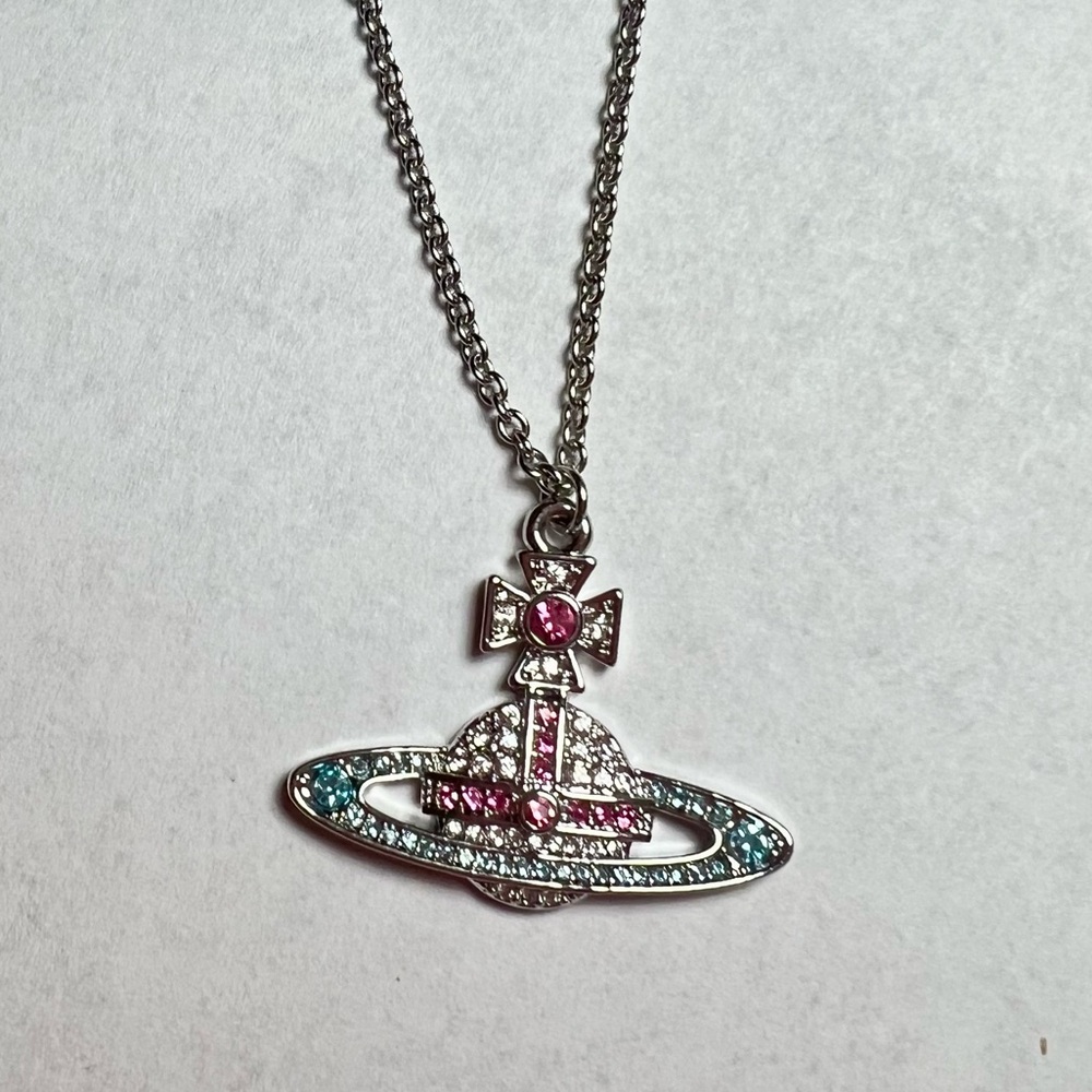 Vivienne Westwood Orb Necklace Pink & Aqua Crystal Pendant Silver Tone - Picture 2 of 6
